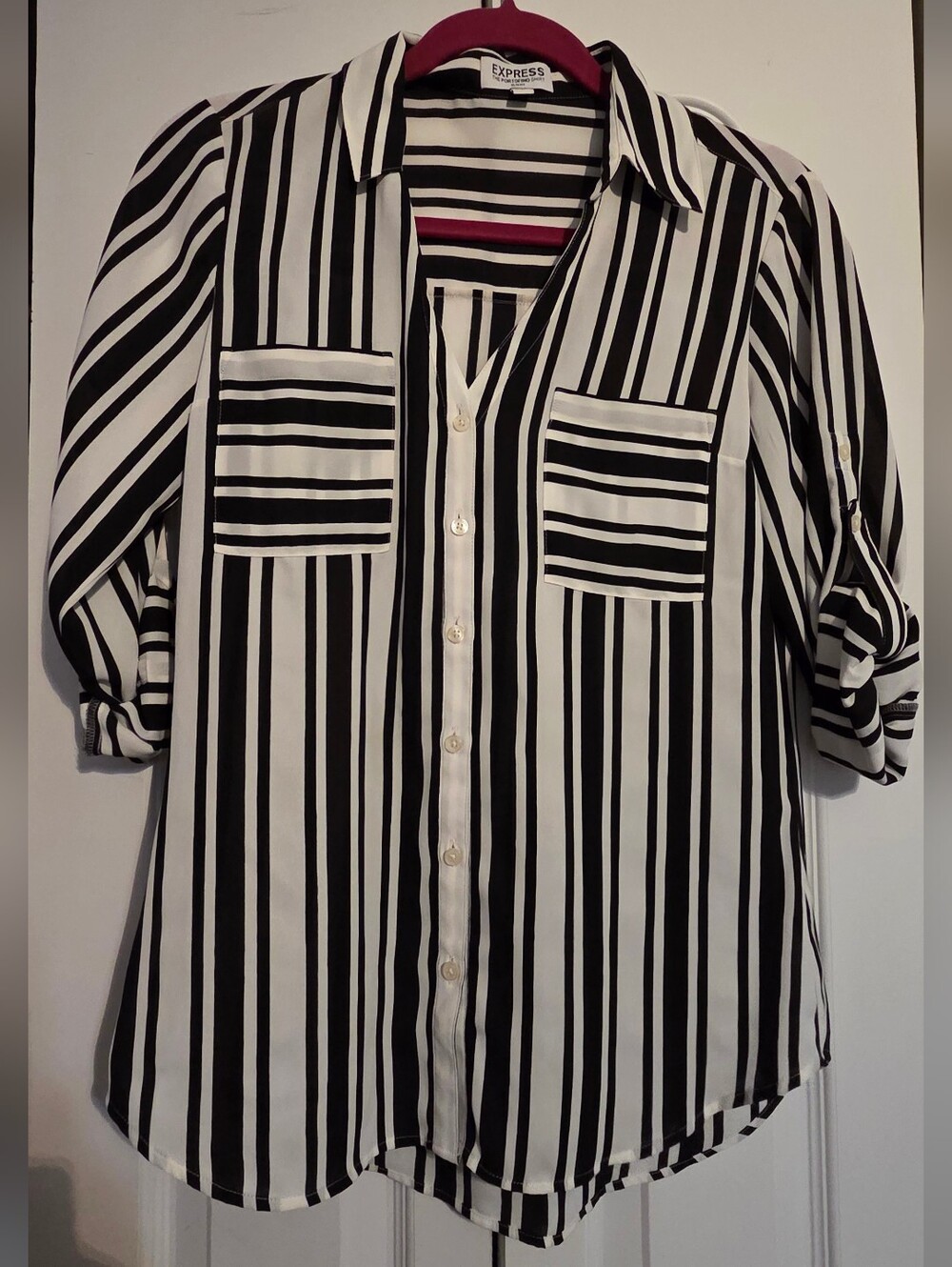 Express Women’s Black and White Striped Button-Up Shirt